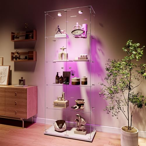Vetrina in vetro con 5 ripiani a 2 ante vetrina su base in vetro con LED e serratura, armadio di bicchieri moderno per collezione, Vitrine esposizione a colonna vetrina soggiorno (bianco-6L, 79X35X187