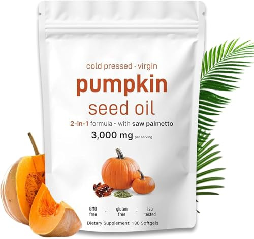 Pumpkin Seed Oil Capsules, 180 Softgels Cold Pressed Pumpkins Seed Oil for Hair Growth - Essential Fatty Acids & Zinc,Non-GMO, Gluten Free