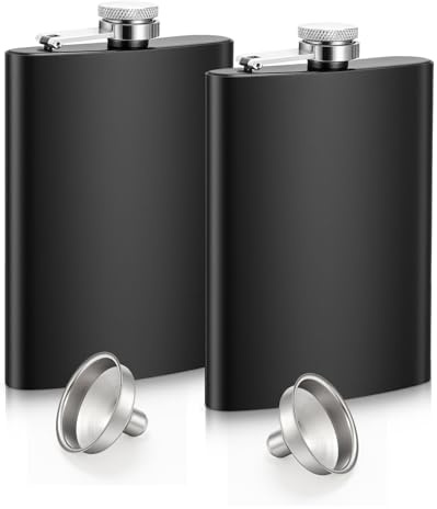 2 Pack Hip Flask, 8 Oz Flask Alcohol with Funnel, Portable Pocket Leak Proof Hip Flasks for Men and Women (Matte Black)