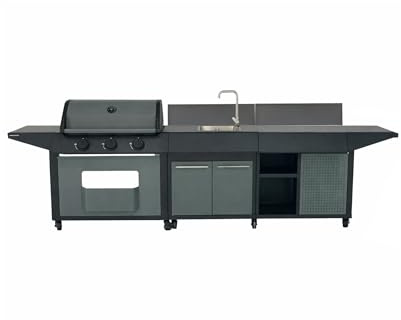 Cook'in Garden - Cocina Exterior a Gas BURN, Barbacoa con Carrito y Fregadero Integrados, 3 Quemadores, Espacio de Almacenamiento Adicional, Grifo con Salida de Agua, Función Plancha y Barbacoa