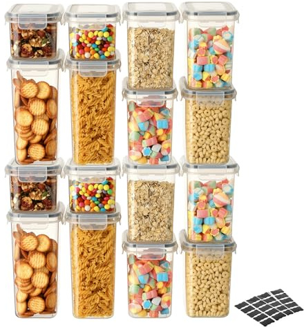VINATO Contenitori per Alimenti Ermetici 16 Pezzi, Set di Organizer Cucina con Coperchio per Pasta, Cereali e Farina, Contenitori Dispensa Salvaspazio, Senza BPA, +24 Etichette