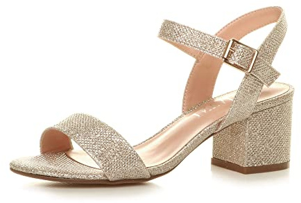 Ajvani Women Ladies Low Block Heel peep Toe Ankle Strap Strappy Party Sandals, 6 UK, Champagne Glitter