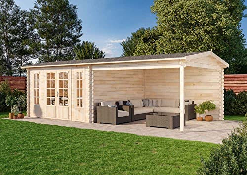 Alpholz Gartenhaus Freiburg-44 aus naturbelassenem Holz 755 x 399 cm mit 44 mm Wandstärke, Terrasse und Doppeltür