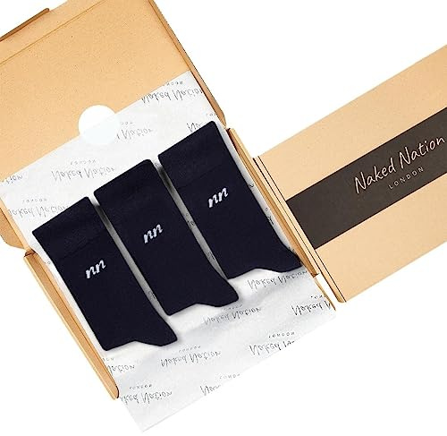 Naked Nation - Calzini da uomo in bambù, traspiranti, super morbidi, confezione da 3 paia di calzini per abiti da uomo Blu scuro M