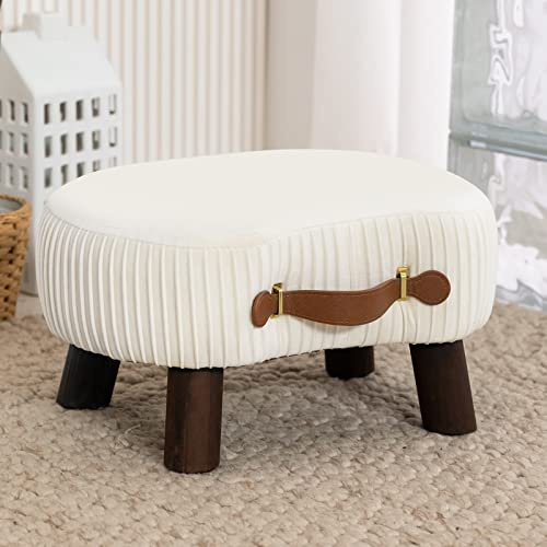LUE BONA Small Curved Foot Stool with Handle, Beige Velvet Footstool and Ottomans, Modern Foot Rest with Wooden Legs, Step Stool with Padded Seat for Couch, Living Room