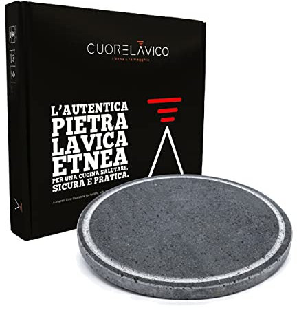 CUORE LAVICO - Placa refractaria de piedra volcánica para barbacoa redonda, diámetro 35 cm, grosor 2 cm con ranurado recogedor de grasa – cocción natural para carne, pescado y verduras y también para