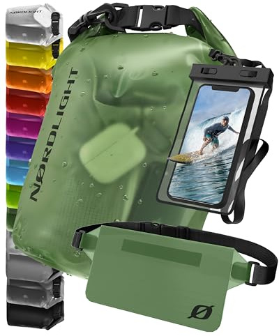 Nordlight Dry Bag Sacca Impermeabile con Custodia Per Cellulare e Marsupio (10L, Verde Scuro) Zaino, Sacca Stagna Borsa Impermeabile - Spiaggia, Canoa, Stand Up Paddling, Immersioni