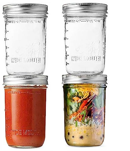 WeeGoo 4 Pack Wide Mouth Mason Jars, 16 oz Pickling Jars, Clear Glass Jars with Silver Metal Airtight Lids and Bands, Glass Mason Jar for Canning, Pickling, Fermenting, Freezing