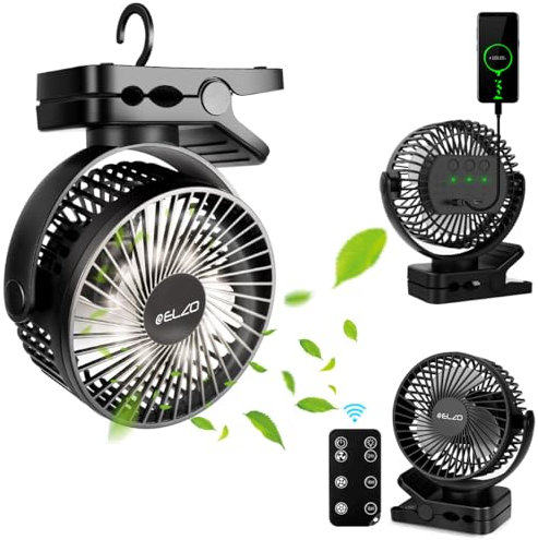ELZO 12000mAh Camping Ventilator, Wiederaufladbarer Tischventilator USB Mini Ventilator mit LED Licht & Haken, 360° Drehung Leise mit Fernbedienung