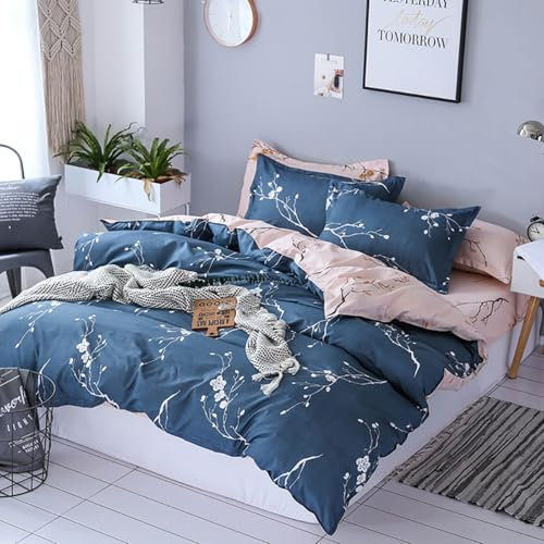 Tospass Bettwäsche 200x220 cm 3 Teilig Blumen Marineblau Rosa Modern Floral Bettwäsche Set Mädchen Bettbezug Weiche Mikrofaser Wende Bettwäsche 1 Deckenbezug mit Reißverschluss 2 Kissenbezug 80x80 cm