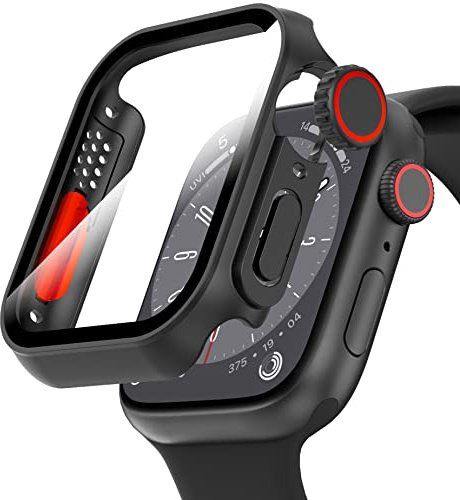 Diruite Hülle für Apple Watch Series 9/8/7 45mm Schutzhülle,HD Einzigartiges Design Ultradünne PC Schutz Case Glas Displayschutz,Schwarz(HD),45mm