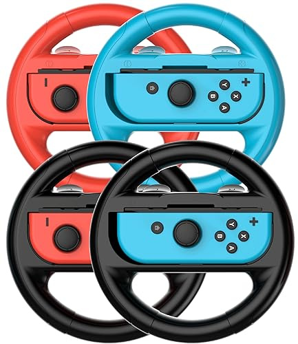 TIZOPO 4 PCS Steering Wheel Compatible for Nintendo Switch Wheel, Family Sports Party Pack Accessories Compatible with Switch JoyCon Controllers, (1 Pair Black,Blue and Red)