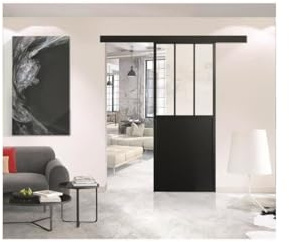 OPTIMUM - Kit porte coulissante + rail + bandeau Atelier - H 204 x L 93 x P 4 cm - Noir verre transparent