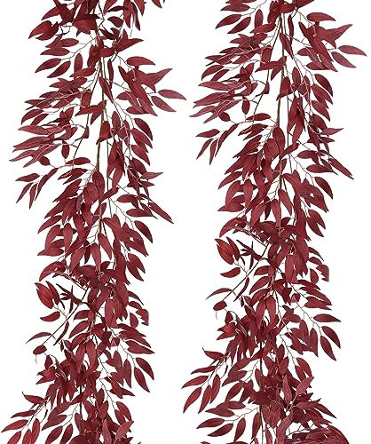 RECUTMS Artificial Hanging Willow Leaves Vine Twigs 2Pcs 5.7Ft Fake Silk Burgundy Leaf Ivy Fall Garland Faux Greenery Indoor Outdoor Valentines Day Wedding Birthday Christmas Thanksgiving Party Decor