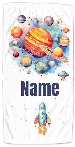 GRAZDesign Handtuch Planeten Jungen mit Namen personalisiert, Weltall Badetuch in Zwei Größen - 140x70cm