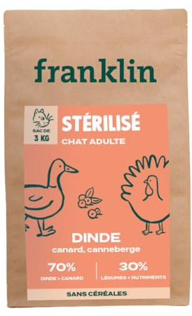FRANKLIN – Croquettes Chat Stérilisé – Adulte – Gamme Carnivore – 70% de Dinde et de Canard – Riche en Protéines – Croquettes sans Céréales – Anti-Boule De Poil – Fermeture Intégrée – Taille 9mm – 3kg