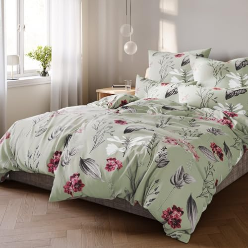 Pure Label Blumen Bettwäsche 155x220 cm mit einem Kissenbezug 40x80 cm - Traumhaft weiches Bettwäsche-Sets 155 x 220 cm in grün aus 100% Baumwolle mit YKK Reißverschluss