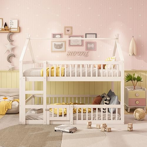 Lit Superposé Pour Enfants 140x200, Lit Mezzanine 2 Place Pour Enfants, Lit Superposé avec Escalier, Design Loft, Cadre De Lit Superposé en Bois Massif pour Enfants Double, Blanc (Sans Matelas)