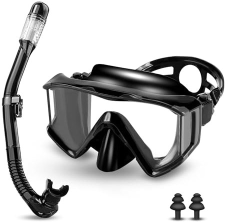 Schnorchelset Erwachsene,Taucherbrille Erwachsene mit Dry Schnorchel, wasserdichte Tauchmaske Anti-Fog Anti-Leck,Mit gehärteter Glaslinse, Schnorchelsets für Schnorcheln und Tauchen (Schwarz)