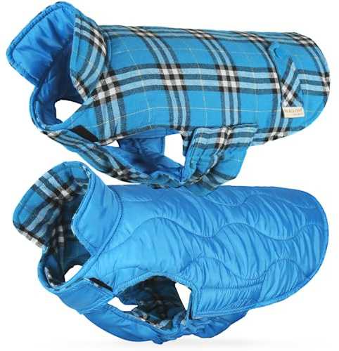 VIVAGLORY Softjoy Dog Coat, Dog Jacket for Winter & Christmas, Coat with Harness Hole, Reversible Plaid Checkered Warm Fluffy Heavy Duty for Puppy, XXS, Blue