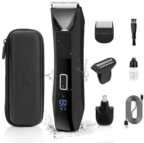 Bomic Manscape 3-in-1 Body Trimmer for Men, Groin, Pubic & Ball Hair Shaver No-Nick, Nose Hair Trimmer, Body Groomer for Smooth Shaving, Lightweight with Travel Lock, LED Display, IPX7 Waterproof