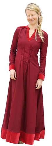 Battle-Merchant - Abito Lungo Medievale Meira con Dettagli in Velluto - Vestito Fantasy da Donna - Vestito, Costume, Larp - Bordeaux - XL