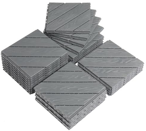 Bonnlo Garden Decking Tiles, 27 Pcs Plastic Outdoor Flooring, 30x30cm Patio Paving Slabs Decking Squares Indoor & Outdoor, Grey Diagonal Stripe
