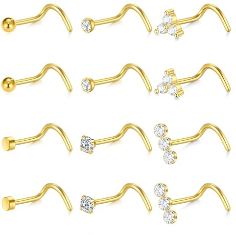 Funseedrr 12 st 18G 20G näsringar rostfritt stål nässkruv med kubisk zirkon näsa piercing smycken