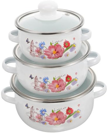 Garneck 3Pezzi Pentola Smaltata Mini con Doppi Manici Pentola per Zuppe e Stufati Design Vintage e Pattern per Cucinare e Conservare