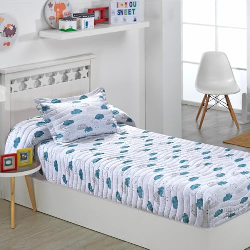 DHESTIA HOME Colcha Bouti Ajustable Cama Nido Infantil y Juvenil de Verano Nubes Agua Color Único Talla Cama 105