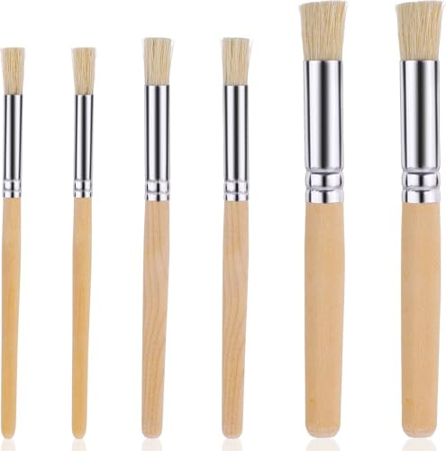 6 PCS Wooden Stencil Brushes Set, Pure Natural Bristle Handle Template Brushes Set for Acrylic Oil Watercolor Art Painting Wood Wall Model House Painting(3 Sizes)
