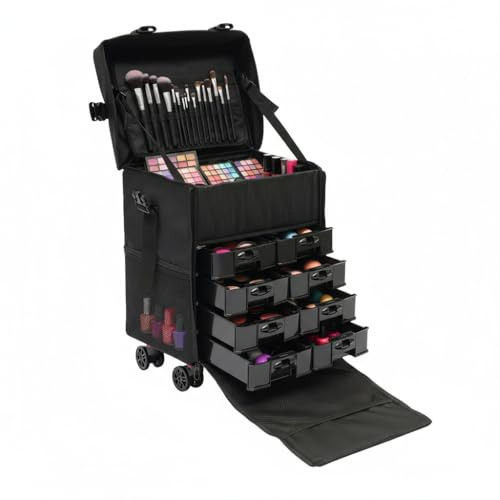 Trolley per Cosmetici Nero Moderno, Organizzatore Beauty Portatile Con 8 Cassetti e Rotelle Mobili Grande Valigetta per Trucchi Make-up e Skincare