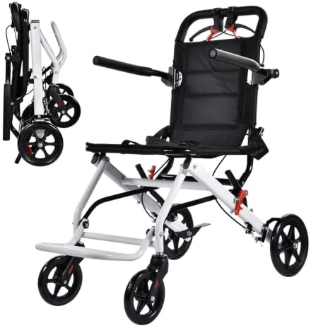 Fauteuil roulant pliable ultraléger en alliages d'acier au carbone avec guidon pivotant à 270°, pneus en PU, capacité de charge de 100 kg, double frein, compact pour les voyages