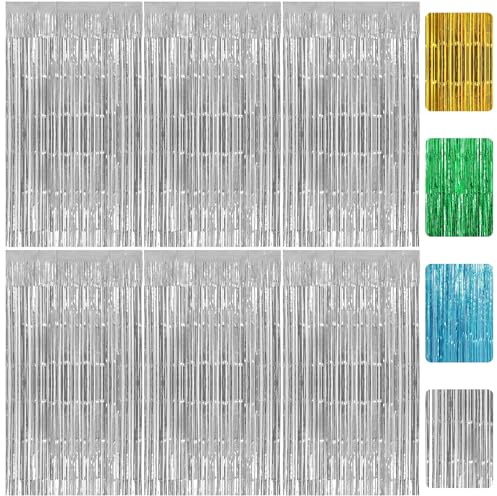 RUGLAMZHIP 6 Stück Lametta Vorhang Silber, 1m x 2m Glitzervorhang Lametta Vorhänge, Glitzer Folien Fransen Metallische Fringe Vorhänge für Deko Geburtstag Deko Hochzeit Party Disco(Silber)