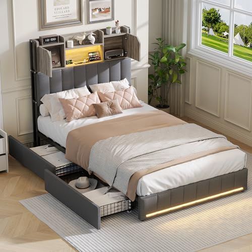Aneutr Säng 90x200 med förvaringslådor, Enkel vadderad säng med LED-ribbotten och USB, 1-personssängar, 1-personssängramar för barn och tonåringar (Lingrå, 90x200 cm)