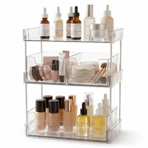 JessLab Organizador de Maquillaje Transparente, 3 Niveles con Cajones Extraíbles, Estante Grande para Cosméticos para Botellas Altas, Perfume, Labial, Encimera de Baño
