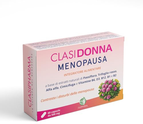 Integratore Alimentare per il Benessere Femminile in Menopausa con Trifoglio Rosso, Cimicifuga, Passiflora, Alfa Alfa e Vitamine Gruppo B 1 2 6 12 e Gruppo D 60 Capsule Made in Italy