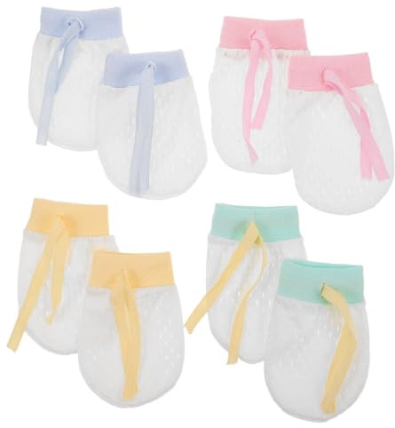 NUSITOU 4 Par Babyvantar i Bomull med Justerbar Dragsko Andningsbar Meshdesign Skärmsäkra Nyfödda Handskar för Pojkar och Flickor Mjuka och Nyföddsvantar i Rosa Gul Blå och