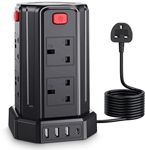 Tower Extension Lead, [13A 3250W] Surge Protector Extension Lead,8 AC Outlets & 4 USB Ports Multi Plug Socket Power Strip with 3M Extension Cable for Home, Office
