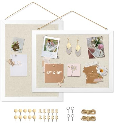 AMUSIGHT 2-Pack Double-Sided Cork Board with Linen, 16 x 12 Hanging Wood Framed Bulletin Board, Picture Display Vision Board Kit Corkboards for Wall School Office Decor, 20 Pushpins (Vintage White)