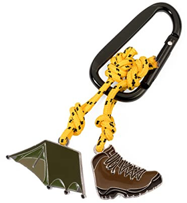 TROIKA Zelten - KR23-06/BK - Schlüsselanhänger Zelt & Wanderschuh mit Karabinerhaken – an dekorativem Kletterseil – Aluminium, Emaille, Metallguss, Nylon – mehrfarbig