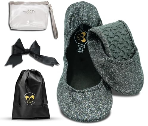 Party Flats Ballet Slippers for Women | Foldable Ballerina Shoes for Purse with Heels Bag and Hair Bow | Comfortable for Travel Concert, Stylish Evening Dress | Stretchy for Wide Width and Narrow Feet