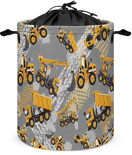 COALHO Freistehender wasserdichter Wäschekorb für Jungen, Cartoon-Design, lustiger LKW-Bagger, Reifenmarken-Design, freistehend, wasserdicht, Wäschekorb, 35 x 35 x 44 cm (B x L x H)