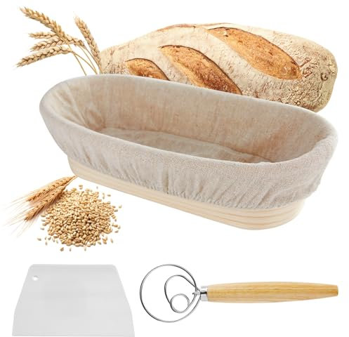 zhongko Gärkorb Zum Brotbacken Oval 28cm, Aus Natürlichem Rattan Mit Leinenbezug Schaber Schneebesen, Brotbacken Perfekt für Professionelles Brotbacken