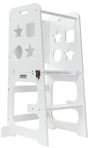 bedmoimo Kinder-Küchen-Tritthocker für Kinder mit Sicherheitsschiene, Massivholzkonstruktion, Kleinkind-Lernhocker, Turm, Weiß