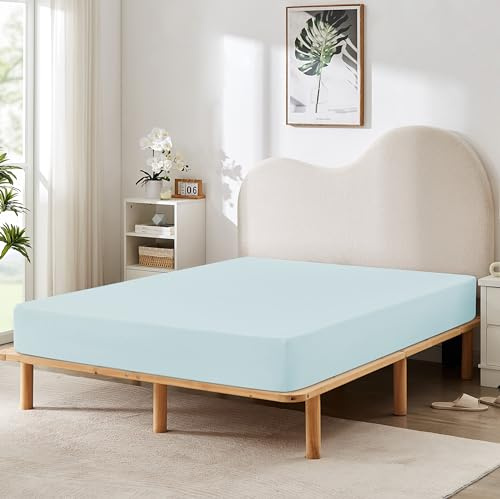 HBHLFZ Twin Fitted Sheet Only, Soft Breathable Bottom Sheet - 39x75 Deep Pockets Twin Size Fitted Sheet - All Around Stretch Fit, Wrinkle Resistant, Colorfast - Easy Care, Light Blue