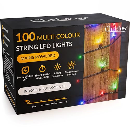 CHRISTOW Christmas Fairy Lights, Multi-Coloured LED String Lighting with Timer, Indoor & Outdoor, Tree Lights, 8 Light Modes Flashing & Static, Green Cable (100 LED / 10m Lit Length)