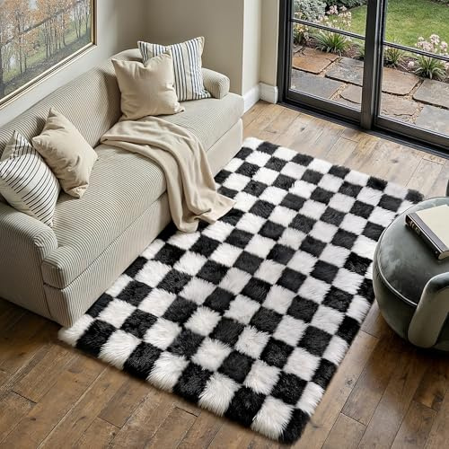 HUGEAR Tappeto Salotto 120x180cm Nero Bianco Grande | Pelo Lungo, a Quadri, Morbido, Antiscivolo, Moderno, Camera da Letto, Cucina, Sala, Scendiletto, Esterno, Bambina, Bambini