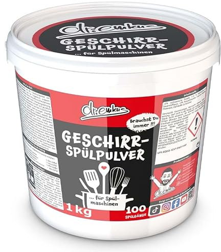 DR. EMKUS Geschirrspülpulver 1 kg - Spülmaschinenpulver bis zu 100 Spülgänge - Stark gegen Eiweiß, Fett und Stärke - Spülmaschinenreiniger mit Niedrig-Temperatur-Aktivator