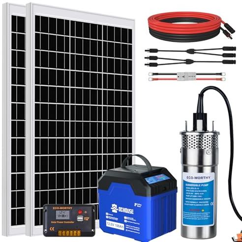 DCHOUSE Tiefbrunnen Wasserpumpenset, mit 12V DC Tauchwasserpumpe + 2 * 120W Solarpanel+100AH Bluetooth Batterie+20A Regler für Springbrunnen, Teiche, Wasserbrunnen und Teiche